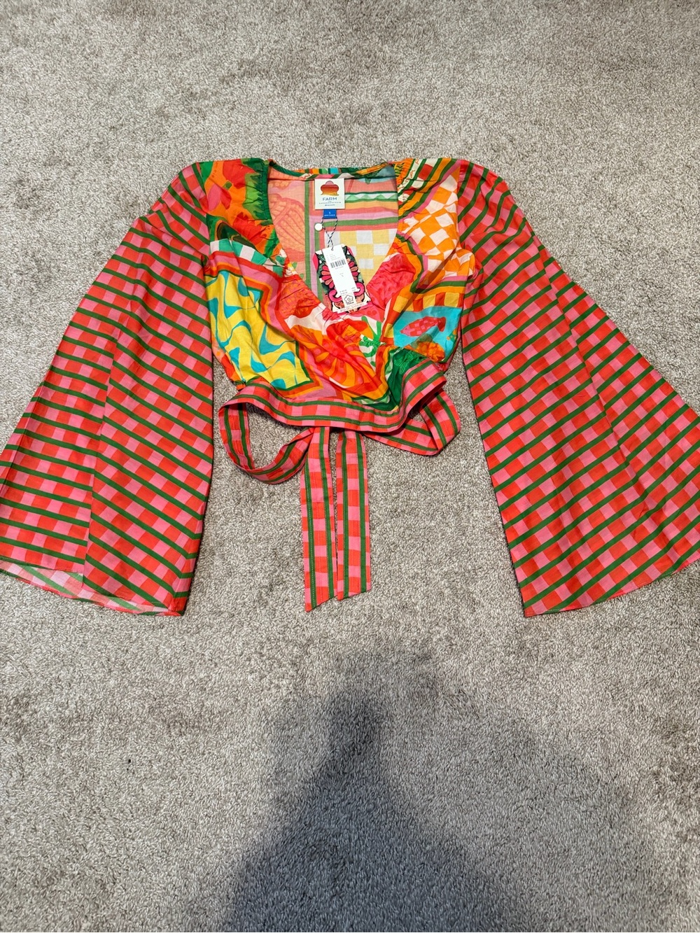 Anthropologie Multicolor Wrap Crop Top with Red & Green Stripe Sleeves